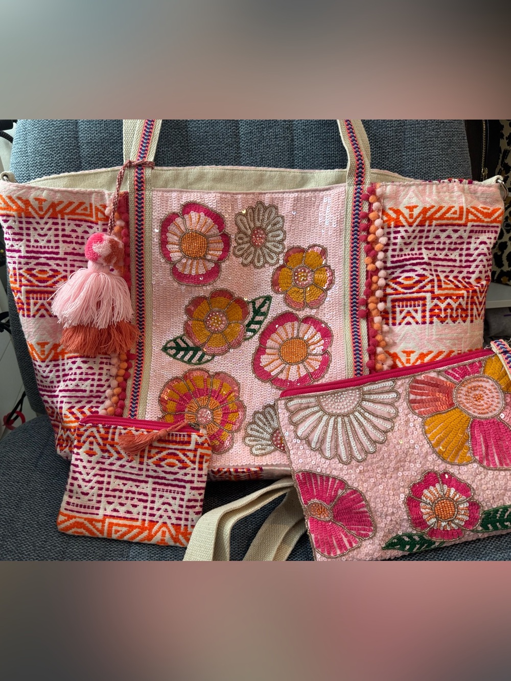 Pink Floral Embroidered Tote Bag with Matching Pouches